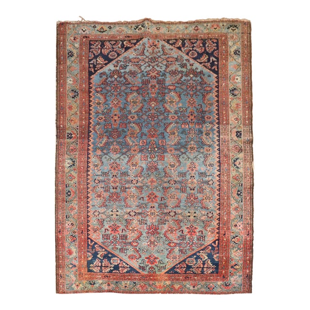 Antique Distressed Aqua Blue Malayer - 4'9" x 5'11" For Sale