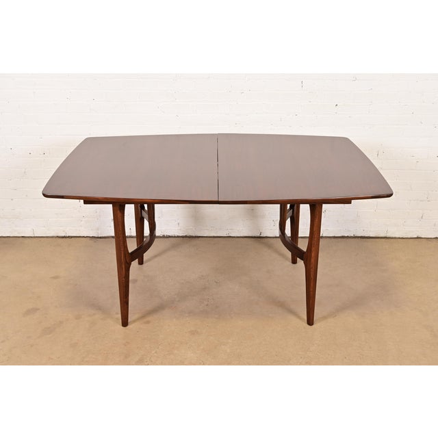 Wood Broyhill Brasilia Style Mid-Century Modern Boat Shaped Walnut Extension Dining Table, Newly Refinished For Sale - Image 7 of 13