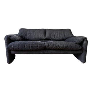 Vico Magistretti Black 2-Seater Loveseat Maralunga Sofa Cassina, Italy, 80s For Sale