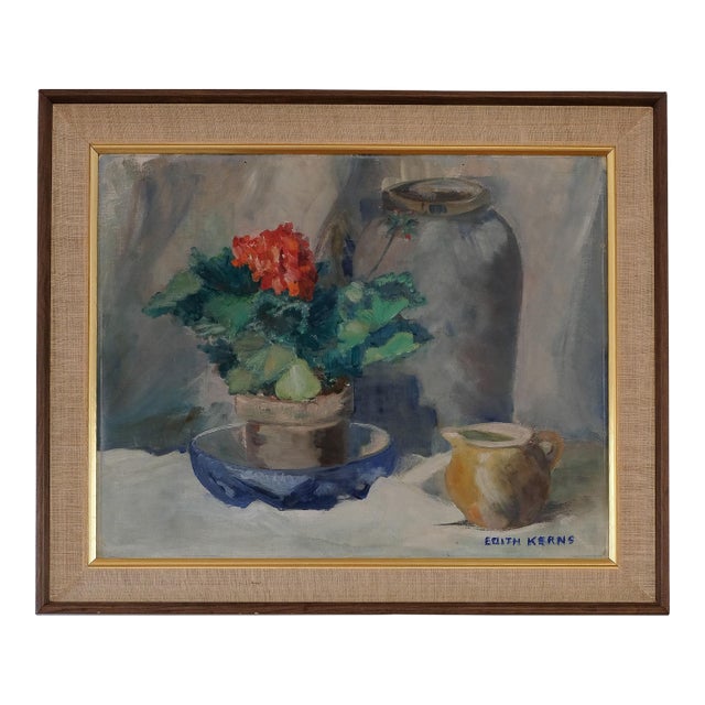 Mid 20th Century Floral Geranium Still Life Oil Painting For Sale