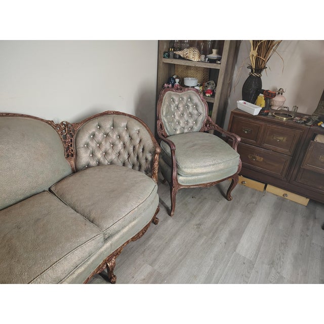 Early 20th Century Antique Hand Carved Victorian Sofa and Chair For Sale - Image 5 of 17