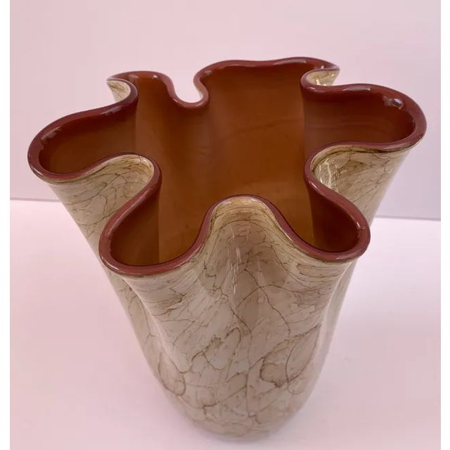 Murano Krosno Jozefina Art Glass White Exterior Dark Pink Interior Ruffled Vase For Sale - Image 4 of 10