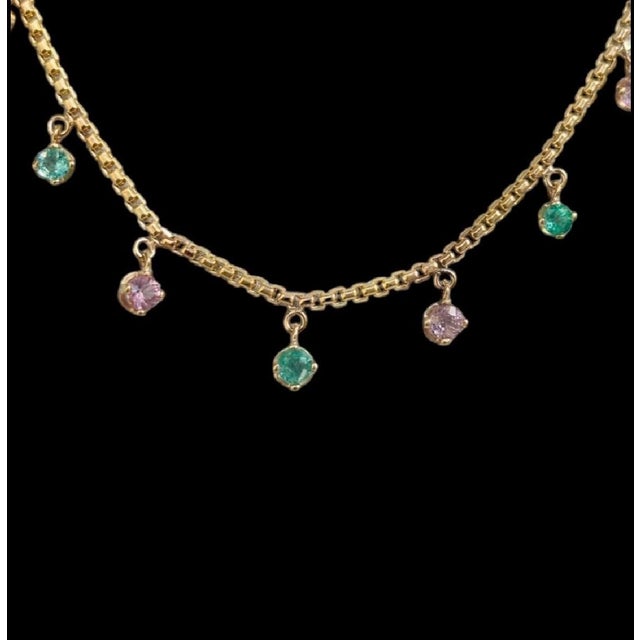 Emerald & Pink Spinel Fringe Necklace, 14k Gold For Sale - Image 4 of 10