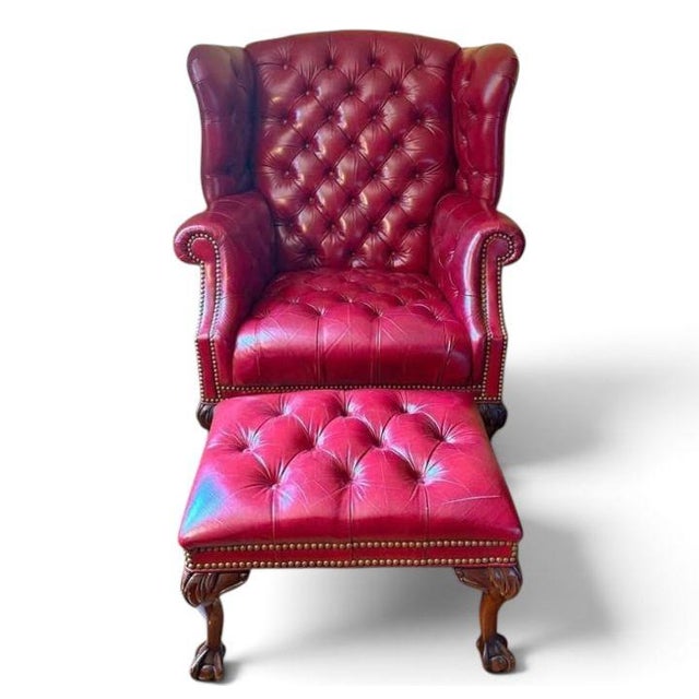 Chesterfield Wingback Leather Chair & Matching Ottoman by Hancock and Moore For Sale - Image 12 of 12