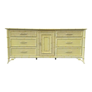 Vintage Faux Bamboo Dresser with 9 Drawers by Stanley with Rattan Wicker For Sale