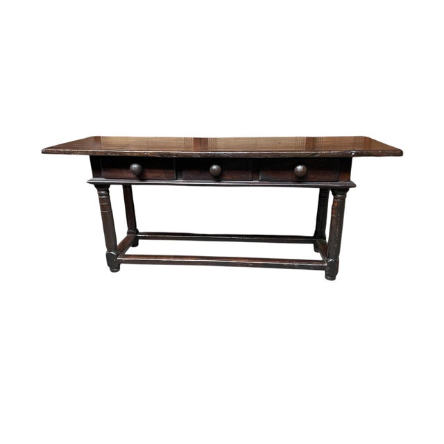 Spanish Walnut Refectory Table with Drawers, Wrought Iron Ball Handles and Turned Legs, 1600s, in Very Good conditions....