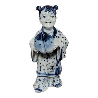 Vintage Taiwanese Blue & White Porcelain Girl Figurine With Peach, 7.5" For Sale