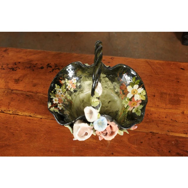 Mid 19th Century 19th Century French Barbotine Jardinière Basket with High Relief Pastel Flowers For Sale - Image 5 of 11