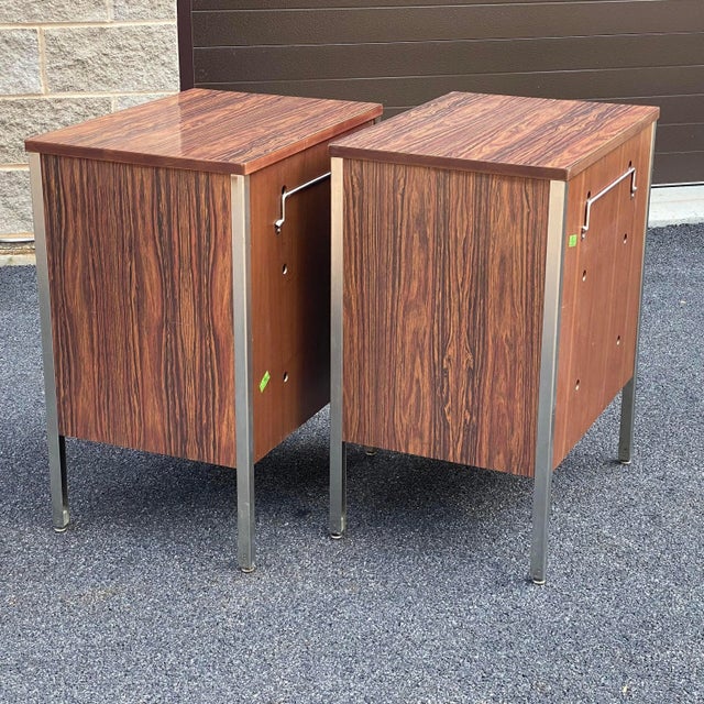Brown Mid-Century Modern Rosewood Laminate & Stainless Steel Tall Nightstands - a Pair For Sale - Image 8 of 13
