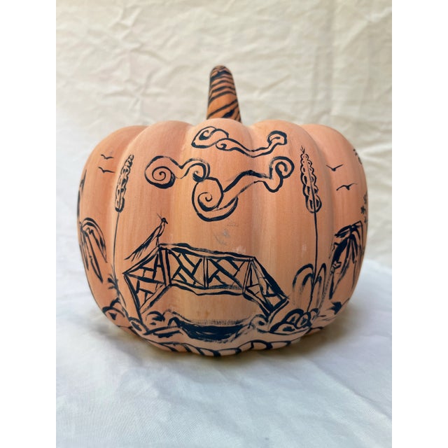 1990s Hand Painted Chinoiserie Ceramic Pumpkin For Sale - Image 5 of 9