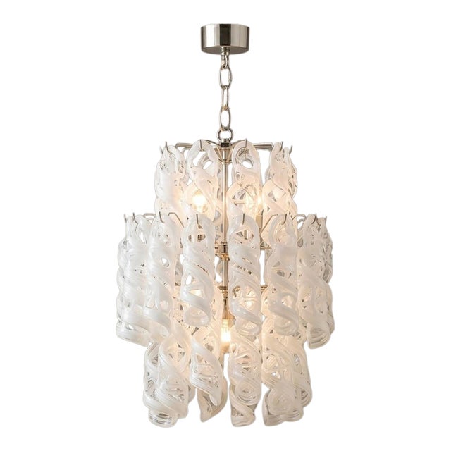 1970s Murano Glass Torchon Waterfall Chandelier, 7 Lights, Attributed to Vistosi For Sale