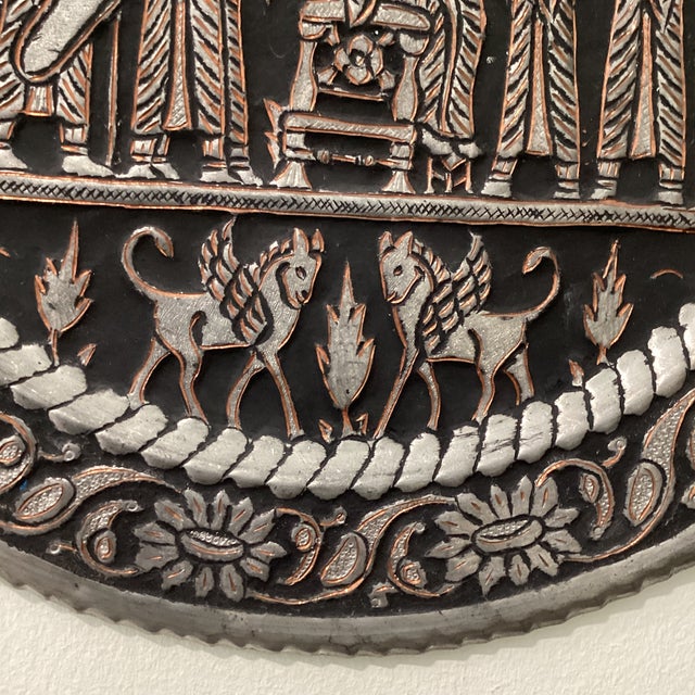 Platinum Vintage Persian Ghalamzani Copper Wall Plate Hand-Engraved Scene From Ancient Parsepolis For Sale - Image 8 of 12