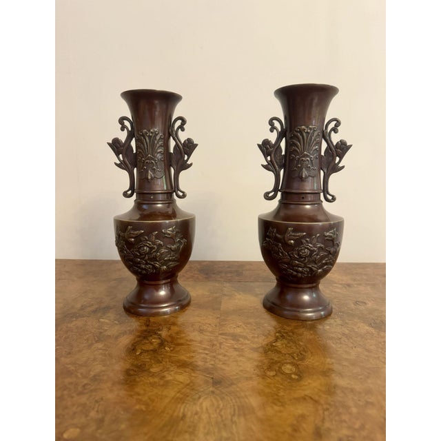 Antique Japanese Twin Handle Bronze Vases, 1900, Set of 2 For Sale - Image 4 of 7