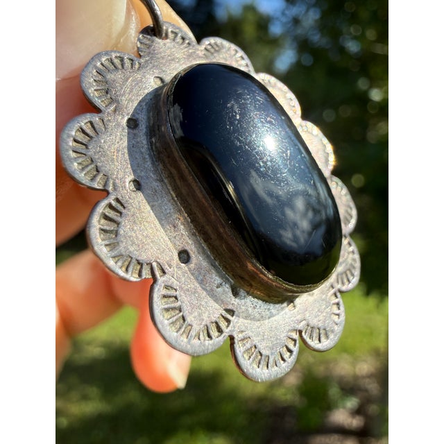 Vintage Taxco Mexico Sterling Silver Black Onyx Flower Pendant For Sale - Image 4 of 12