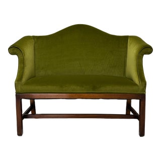 Vintage Olive Green Velvet Chippendale Camelback Diminutive Settee For Sale