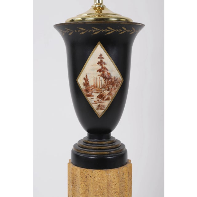 Vintage urn lamp with diamond shaped landscape paint design and architectural stand pole. Made in the mid 20th century.