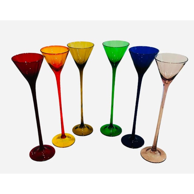 Red Vintage Colorful Stemware 10" Tall Glass Flutes Set of 6 For Sale - Image 8 of 10