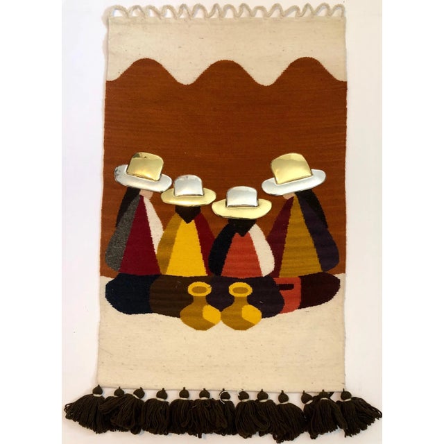 Olga Fisch, Vintage Handwoven Tapestry Wool, Metal Folk Art Rug Weaving Wall Hanging, Circa 1950s For Sale In Miami - Image 6 of 6