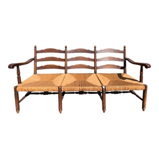 Antique French Country Farmhouse Ladderback Settee Bench With Rush Seating For Sale