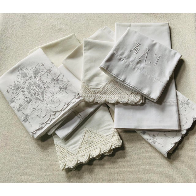 Set of 7 Antique Linen & Cotton Pillowcases With Lace Trim & Monogram — C. 1920s, Nantucket Estate For Sale - Image 12 of 18