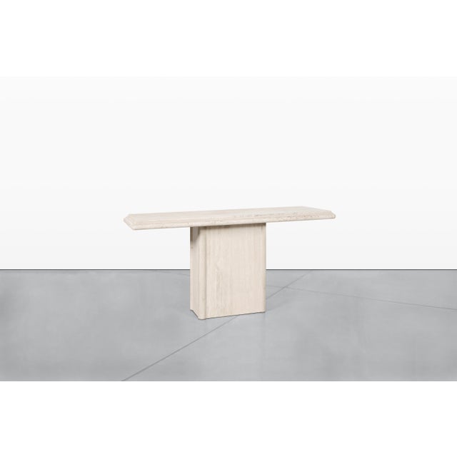 Metal Vintage Italian Postmodern Bullnose Edge Travertine Console Table For Sale - Image 7 of 12