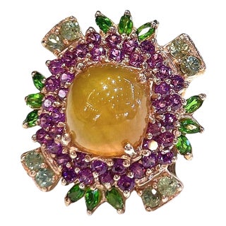 Bochic "Capri" Vintage Honey Sapphire, Garnet & Amethyst Ring -18K Gold & Silver For Sale
