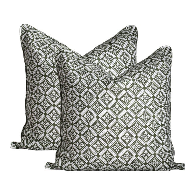 A Pair of Lauren Servati Textiles, Astrid // Basil Pillows With Self Welt Cording, 22"x22" For Sale