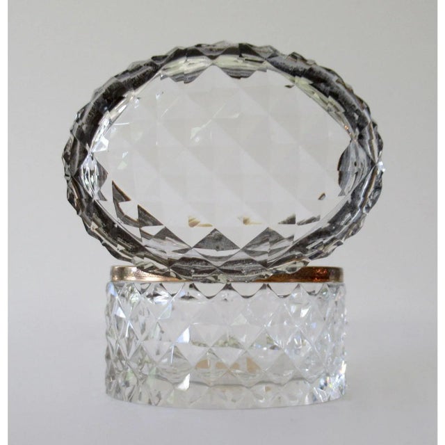 Vintage Hand-Cut & Beveled Leaded Crystal Glass & Brass Oval-Shaped Lidded Jewelry Casket Box For Sale - Image 9 of 13