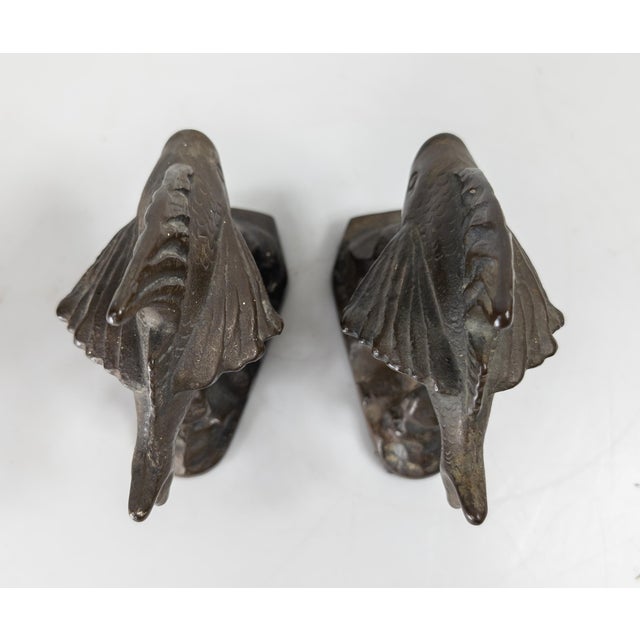 Brown Mid-Century Pair of Cast Iron Bronzed Angel Fish Form Bookends For Sale - Image 8 of 11