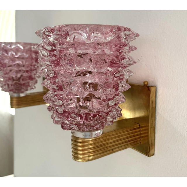 Italian Art Deco Style Brass and Pink Rostrato Murano Glass Wall Sconces, 1990s, Set of 2 For Sale - Image 12 of 13