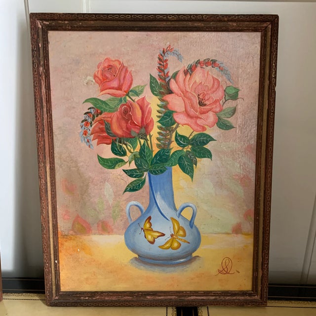 Chinoiserie Original Framed Mid Century Chinoiserie Floral Oil Painting For Sale - Image 3 of 9