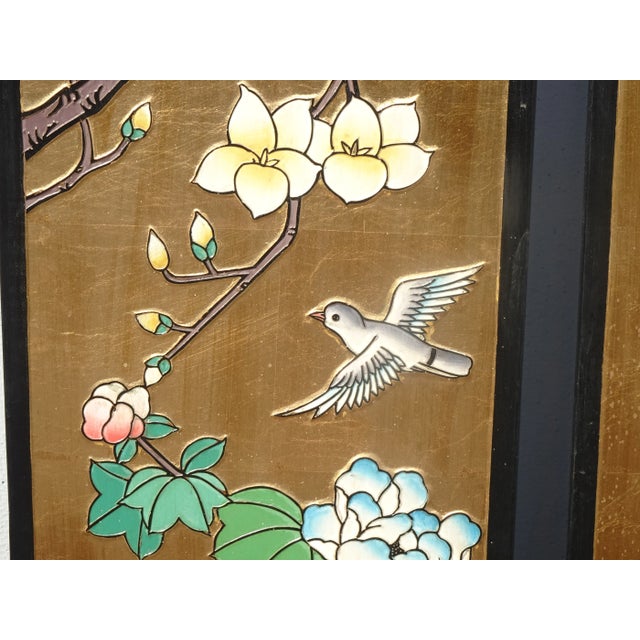 Vintage 1940s Oriental Asian Coromandel Chinoiserie Gold Four Panel Screen with Floral Bird For Sale - Image 9 of 13