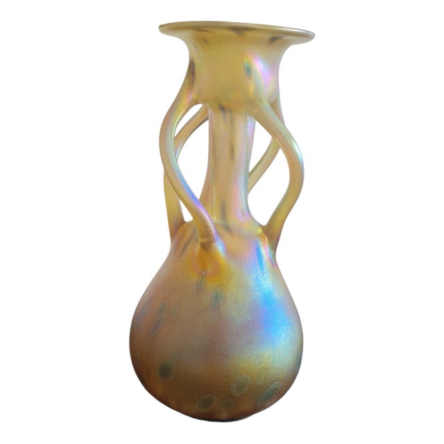 Art Nouveau Candia Papillon Iridescent Vase with Applied Twisted Handles, Bohemia, 1900 For Sale