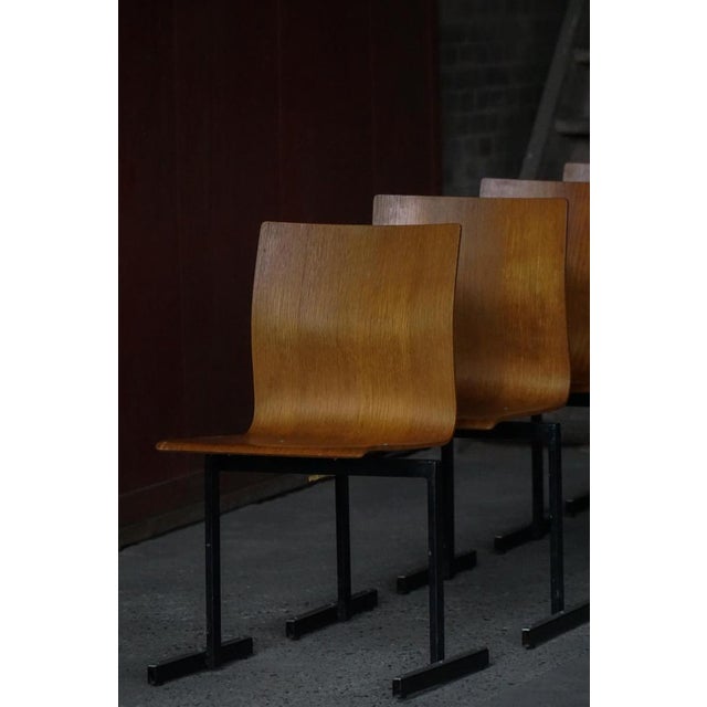 Industrial Stackable Chairs in Black Metal and Oak attributed to Niels Larsen, 1960s, Set of 6 For Sale - Image 12 of 18