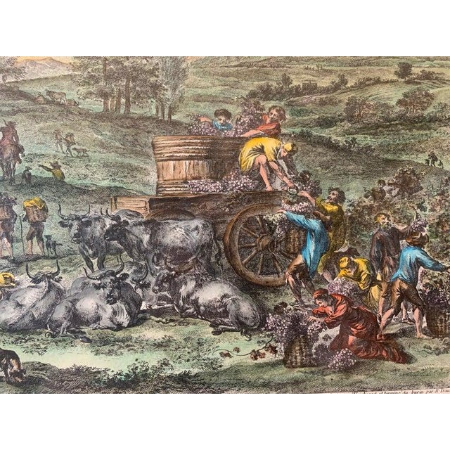 1960s Hand Watercolored Print "La Pleine Vendange" Depicting the Grape Harvest-Framed For Sale - Image 5 of 8