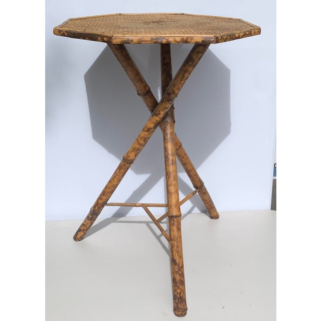 Vintage Bamboo Side Table with woven rattan top.