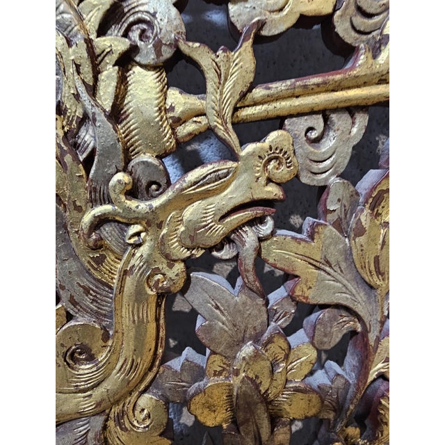 Late 19th Century Antique Hand Carved Gilt Chinese Figural Red Lacquered Wood Panel Green Accents For Sale - Image 11 of 12