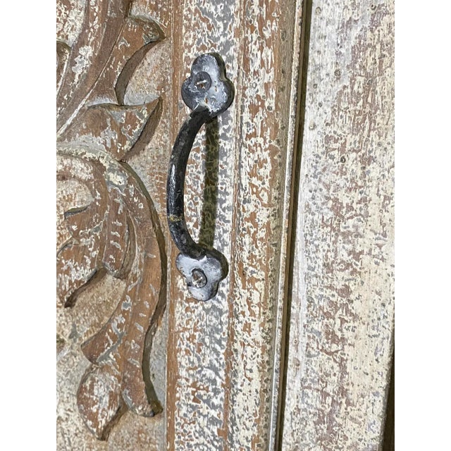 Pair Painted & Distressed Carved Cabinets with Shelf For Sale - Image 9 of 13