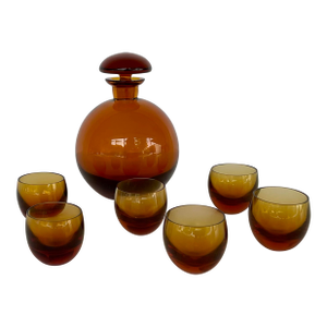 Vintage Art Deco Moser Culbuto Topaz Art Glass Decanter and Glasses Set
