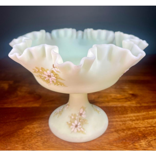 Glass 1970s Fenton Uranium Glass Daisies on Custard Round Pedestal Compote For Sale - Image 7 of 12