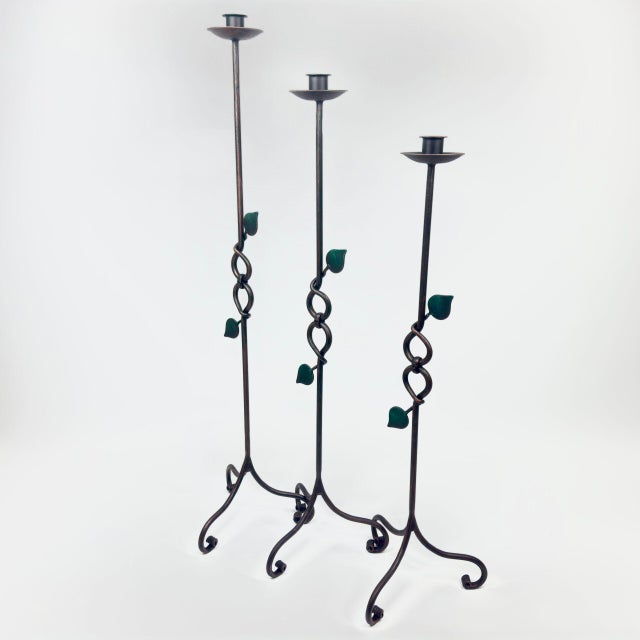 2020s Hand Forged Iron Candelabra Set of 3 (91-111cm) Antique Copper Finish Floor Standing Sculpted Twist & Leaf Node Estate Set For Sale - Image 5 of 6
