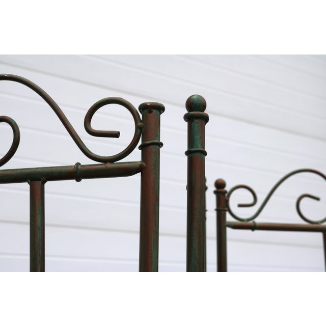 Vintage Three Panel Green and Copper Hand Painted Metal Faux Bamboo Screen Room Divider For Sale - Image 4 of 9