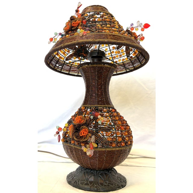 Brown Vintage Beaded Tramp Art Table Lamp With Floral Embellishments For Sale - Image 8 of 18