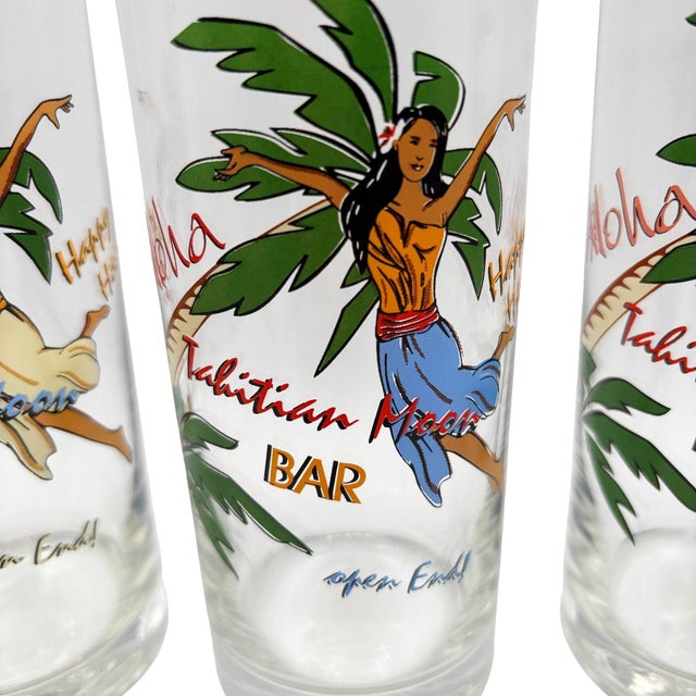 Coastal 1990s Tiki Hula Girl Hawaiian High Ball Bar Drinking Glass Tahitian Moon Bar, Set of 3 For Sale - Image 3 of 9