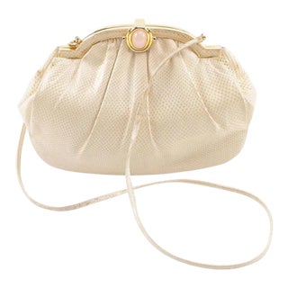 Judith Leiber Cream Karung Skin Handbag with Rose Quartz Cabochon Clasp For Sale