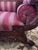 A striking American Empire Revival sofa featuring dramatic rolled scroll arms, richly carved mahogany frame, and...