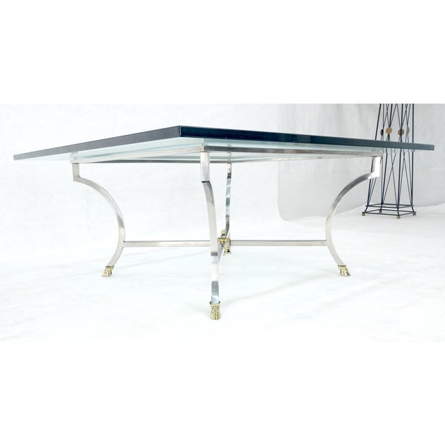 Mid 20th Century Brass hoof Feet 40x40 3/4" Square Glass Top Chrome Base Coffee Table Italy MINT For Sale - Image 5 of 16