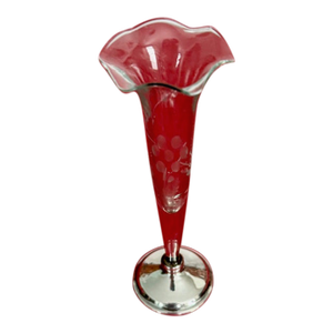 Etched Glass Etched Flowers Bud Vase Sterling Silver Base 7” H
