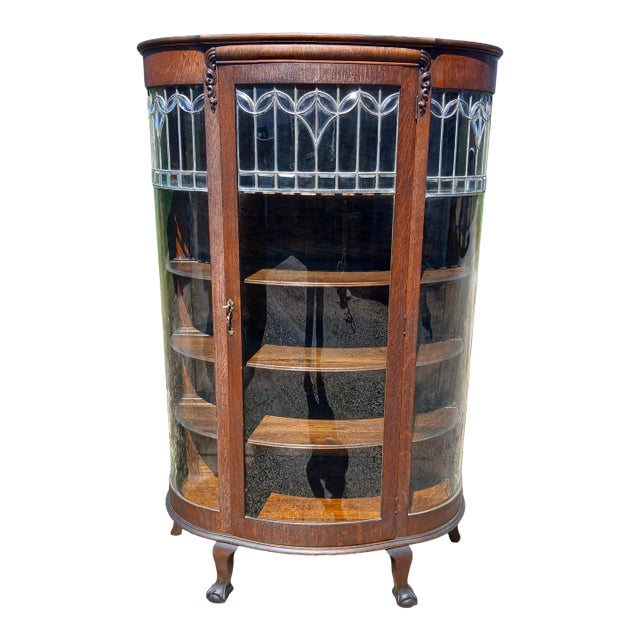 Antique Quartersawn Oak Leaded Curved Glass China Cabinet With Claw Feet 1920s For Sale