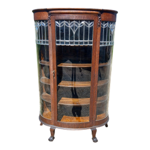 Antique Quartersawn Oak Leaded Curved Glass China Cabinet With Claw Feet 1920s